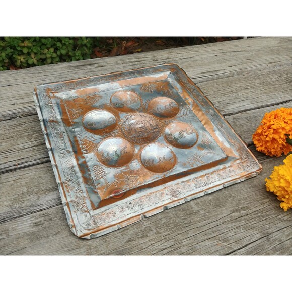 Vintage Copper Seder Plate, Traditional Passover Offering Tray - Picture 3 of 10